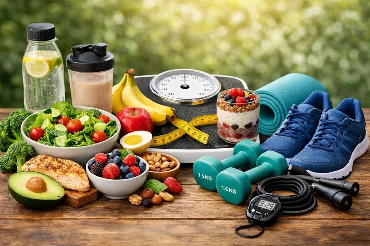 pre workout post workout nutrition guide with healthy food and dumbbells